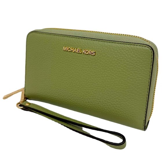 S Michael Kors Jet Set Travel Phone Case Wallet Wristlet Army Green Leather - Picture 2 of 7